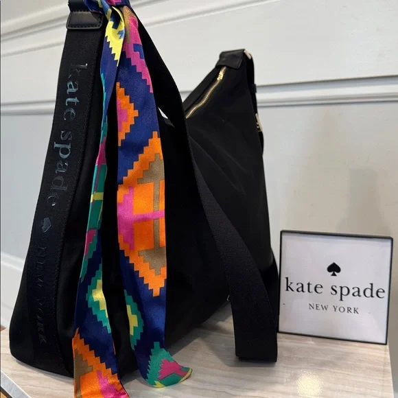 Kate Spade Carter Logo Large Black Nylon Hobo Crossbody - Picture 1 of 17